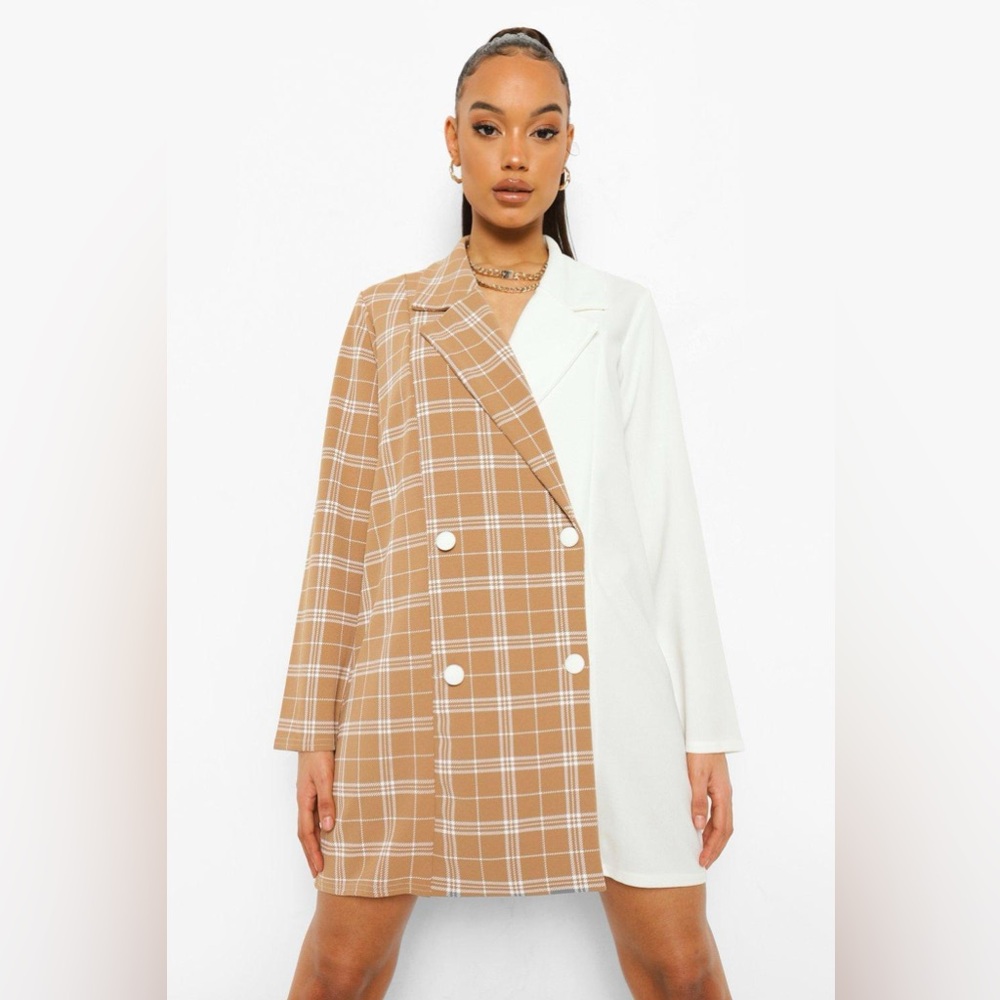 Boohoo Check Spliced Oversized Blazer Dress ivory/nude